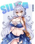  1girl ahoge bag bow breasts cleavage granblue_fantasy hair_bow highres kive large_breasts long_hair navel silva_(granblue_fantasy) silver_hair solo swimsuit thigh_strap very_long_hair yellow_eyes 