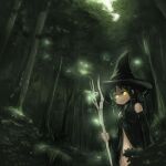  1girl alternate_costume bangs black_dress black_hair black_headwear black_sleeves bush canopy_(forest) closed_mouth commentary_request cookie_(touhou) cowboy_shot detached_sleeves dress eyebrows_visible_through_hair forest hakurei_reimu hat holding holding_staff looking_at_viewer mage_staff medium_hair nature navel otemoto_(baaaaloooo) sananana_(cookie) solo staff touhou tree witch_hat yellow_eyes yin_yang 