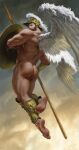  1boy ares_(mythology) armor ass bara bare_back beard chens_art cloud cloudy_sky facial_hair faux_traditional_media feathered_wings feet flying from_behind greek_clothes greek_mythology helmet highres holding holding_polearm holding_shield holding_spear holding_weapon looking_at_viewer looking_back male_focus male_pubic_hair mature_male muscular muscular_male nude original polearm pubic_hair realistic shield short_hair sky soles solo spear thick_thighs thighs toes weapon wings 