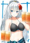  .live alternate_costume blue_eyes blush breasts cleavage collarbone commentary_request flower glass hair_flower hair_ornament highres large_breasts long_hair o_daizen ponytail rikumu silver_hair smile swimsuit virtual_youtuber white_background 