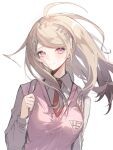  1girl ahoge akamatsu_kaede arm_at_side backpack bag bangs blonde_hair breasts collared_shirt commentary_request danganronpa_(series) danganronpa_v3:_killing_harmony eighth_note hair_ornament hand_up highres large_breasts long_hair long_sleeves looking_at_viewer messy_hair musical_note musical_note_hair_ornament necktie pink_eyes pink_vest purple_eyes raito47 shiny shiny_hair shirt simple_background smile solo upper_body vest white_background 