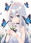  1girl angel angel_wings bare_shoulders black_collar blue_butterfly blue_eyes blush bow bowtie bug butterfly collar eyebrows_visible_through_hair feathered_wings flower grey_hair highres holding holding_flower insect lily_(flower) long_hair original solo upper_body wings zoirun 
