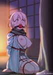  1girl absurdres ahoge arms_behind_back ball_gag barefoot bdsm blurry blurry_foreground blush bondage bound breasts breasts_outside captured fate/grand_order fate_(series) gag gagged haori highres hot_water japanese_clothes kimono kneeling large_breasts nipples obi okita_souji_(fate) okita_souji_(fate)_(all) open_clothes open_kimono red_rope rope sash scarf tears twitter_username 