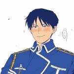  1boy aiguillette amestris_military_uniform black_eyes black_hair blue_jacket blush close-up closed_mouth collared_jacket epaulettes face facing_viewer fullmetal_alchemist gloves grin highres jacket looking_afar male_focus military military_uniform motion_lines nose_blush roy_mustang simple_background smile speech_bubble spiked_hair translation_request tsurime uniform upper_body white_background white_gloves xiaolong_jiji 