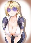  1girl :&gt; absurdres adahcm bent_over blonde_hair blue-tinted_eyewear blue_eyes bodysuit boku_no_hero_academia breasts claire_voyance cleavage closed_mouth collarbone collared_shirt dot_nose downblouse gradient gradient_background highres large_breasts long_hair looking_at_viewer multicolored multicolored_background orange_background rimless_eyewear round_eyewear shiny shiny_skin shirt simple_background smile solo standing sunglasses superhero thigh_gap tinted_eyewear white_background 