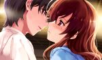  1boy 1girl bangs black_hair blue_eyes blue_shirt blurry blurry_background blush brown_hair closed_mouth couple floating_hair game_cg hair_between_eyes hetero hirayama_sorata imminent_kiss indoors long_hair misaki_kurehito mole mole_under_eye nakano_hinata official_art open_mouth portrait shiny shiny_hair shirt short_hair suiheisen_made_nan_mile? sweatdrop white_shirt 