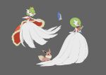  1girl apios1 arm_up bangs bare_shoulders black_eyes blank_eyes blue_ribbon bob_cut book cape closed_mouth clothed_pokemon commentary crown dress eevee elbow_gloves flat_chest flower from_behind full_body fur-trimmed_cape fur_trim gardevoir gen_1_pokemon gen_3_pokemon gloves green_hair grey_background hair_between_eyes hand_up highres holding holding_flower lily_of_the_valley looking_at_another looking_to_the_side looking_up mega_gardevoir mega_pokemon multiple_views open_mouth outstretched_arm pawpads pokemon pokemon_(creature) red_cape red_eyes ribbon short_hair simple_background sketch standing strapless strapless_dress striped striped_ribbon white_dress white_flower white_gloves yellow_headwear 
