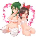  2girls amputee bangs benikurage_(cookie) blush bow breasts brown_eyes brown_hair budget_sarashi closed_mouth commentary_request cookie_(touhou) cross eyebrows_visible_through_hair facepaint frilled_bow frilled_hair_tubes frills frog_hair_ornament full_body green_eyes green_hair hair_between_eyes hair_bow hair_ornament hair_tubes hakurei_reimu heart highres kochiya_sanae large_breasts long_hair looking_at_another looking_to_the_side medium_hair multiple_girls navel open_mouth otemoto_(baaaaloooo) panties parted_bangs paseri_(cookie) quadruple_amputee red_bow sarashi simple_background sitting small_breasts smile snake_hair_ornament stump_cover touhou triple_amputee underwear white_background white_panties yuri 