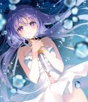  1girl :3 bare_shoulders character_request closed_mouth commentary_request copyright_request dagger dress eyebrows_visible_through_hair hair_between_eyes holding holding_dagger holding_weapon knife looking_at_viewer navel no_panties purple_eyes purple_hair smile solo suimya weapon white_dress 