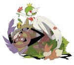  1girl :3 aegislash annoyed apios1 arm_up bangs bare_shoulders black_sclera bob_cut brick_wall bright_pupils bush colored_sclera colored_skin commentary crown day dress eevee elbow_gloves flat_chest floating flower from_behind full_body gardevoir gen_1_pokemon gen_2_pokemon gen_3_pokemon gen_6_pokemon gloves grass green_hair half-closed_eyes happy highres holding holding_flower leaf legs_together looking_at_another looking_down mega_gardevoir mega_pokemon moss on_wall one-eyed open_mouth outdoors outstretched_arm parted_lips petals pokemon pokemon_(creature) purple_eyes red_eyes red_flower shield short_hair sitting sketch smile strapless strapless_dress sunkern sword weapon white_dress white_gloves white_pupils white_skin yellow_headwear yokozuwari 