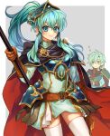  1boy 1girl aqua_hair armor blue_eyes blue_hair blush boots breastplate breasts brother_and_sister cape earrings eirika_(fire_emblem) ephraim_(fire_emblem) fingerless_gloves fire_emblem fire_emblem:_the_sacred_stones fire_emblem_heroes gloves highres jewelry long_hair looking_at_viewer nana_(nanalog76) open_mouth polearm ponytail short_hair siblings simple_background skirt smile spear thighhighs weapon 