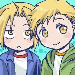  2boys ahoge alphonse_elric aqua_background arms_at_sides bangs black_outline blonde_hair blue_shirt blush_stickers brothers chestnut_mouth chibi child close-up closed_mouth collared_shirt dress_shirt edward_elric face facing_viewer fullmetal_alchemist green_hoodie happy head_tilt hood hood_down hoodie jitome lowres male_focus multiple_boys no_nose open_clothes open_shirt outline parted_bangs parted_lips polka_dot polka_dot_background shiny shiny_hair shirt siblings side-by-side sideways_glance simple_background smile swept_bangs tareme uho_(uhoponta) undershirt upper_body white_shirt yellow_eyes younger 