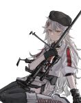  1girl anti-materiel_rifle black_gloves black_headwear black_legwear black_shirt bolo_tie boots collared_shirt commentary_request fingerless_gloves gepard_m1 gepard_m1_(girls&#039;_frontline) girls&#039;_frontline gloves gun hair_between_eyes hair_ornament hairclip hat jacket long_hair messy_hair qiujiao rifle shirt sitting sleeves_rolled_up sniper_rifle solo thighhighs weapon white_background white_footwear white_hair white_jacket yellow_eyes 
