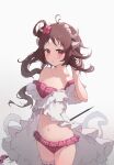  1girl animal_ears antenna_hair arknights bangs bikini blush breasts brown_hair cleavage eyjafjalla_(arknights) eyjafjalla_(summer_flowers)_(arknights) flower fujimaki_nora grey_background hair_flower hair_ornament hair_twirling highres horns long_hair looking_at_viewer off-shoulder_bikini off_shoulder official_alternate_costume parted_lips pink_bikini pink_eyes pink_flower plaid plaid_bikini sheep_ears sheep_horns simple_background small_breasts solo swimsuit 