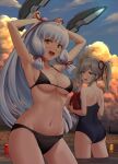  2girls alternate_hairstyle armpits arms_up ass bikini black_bikini blue_swimsuit blush breasts brown_eyes cloud cloudy_sky collarbone commentary_request competition_school_swimsuit dusk grey_hair hair_ribbon hair_tie headgear highres ichikawa_feesu kantai_collection lantern large_breasts lighthouse long_hair looking_at_viewer medium_breasts micro_bikini multiple_girls murakumo_(kancolle) navel one-piece_swimsuit open_mouth outdoors partially_submerged ponytail red_ribbon remodel_(kantai_collection) ribbon school_swimsuit sidelocks silver_hair sky small_breasts smile standing swimsuit twintails tying_hair usugumo_(kancolle) wading yellow_eyes 