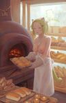  1girl animal_ears apron bakery bare_shoulders bigrbear bread breasts cake cat_ears cat_girl collarbone food gloves green_hair grey_gloves hair_ornament hairclip highres holding indoors looking_at_viewer medium_breasts naked_apron nipples original pink_eyes shop short_hair solo standing white_apron 