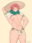  1boy abs arm_behind_head bara bare_pectorals beige_headwear belka_dog bikini_briefs blush bulge clothes_lift feet_out_of_frame freckles green_eyes hat inverted_nipples large_pectorals male_focus male_underwear manboobs milo_(pokemon) muscular muscular_male navel nipples no_pants one_eye_closed pectorals pink_hair pokemon pokemon_(game) pokemon_swsh print_male_underwear shirt shirt_lift short_hair solo stomach sun_hat thick_thighs thighs underwear white_male_underwear white_shirt 