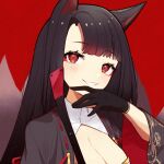  1girl :d akagi_(azur_lane) akutaa animal_ears azur_lane bangs black_gloves black_hair blunt_bangs breasts cleavage commentary_request eyebrows_visible_through_hair fox_ears fox_girl fox_tail gloves grin hair_tubes highres japanese_clothes kyuubi long_hair long_sleeves looking_at_viewer multiple_tails open_mouth red_background red_eyes sidelocks smile solo tail wide_sleeves 