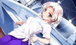  1girl aircraft airplane blue_eyes eyebrows_visible_through_hair game_cg green_eyes hair_intakes hanami_mariya leaning_back looking_at_viewer misaki_kurehito official_art open_mouth pants print_shirt purple_pants shiny shiny_hair shirt short_hair short_sleeves silver_hair solo standing suiheisen_made_nan_mile? t-shirt tied_shirt white_shirt 