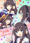  1girl :d :t ;d absurdres anniversary azur_lane bangs bare_shoulders black_hair blue_eyes blue_jacket blush closed_eyes closed_mouth collared_shirt commentary_request confetti eating eyebrows_visible_through_hair hat headphones highres holding jacket kamishiro_(rsg10679) long_island_(azur_lane) long_sleeves off_shoulder one_eye_closed open_mouth profile purple_headwear shirt sleeveless sleeveless_shirt sleeves_past_wrists smile twitter_username white_shirt witch_hat 
