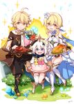  1boy 2girls :d aether_(genshin_impact) ahoge bangs bare_shoulders black_footwear black_gloves black_pants blonde_hair blue_flower blush boots bouquet breasts brother_and_sister brown_eyes brown_shirt bush cake closed_mouth commentary_request crystal dress explosion eyebrows_visible_through_hair flower food food_on_face genshin_impact gloves grey_hair hair_between_eyes hair_flower hair_ornament highres holding holding_plate knee_boots long_hair long_sleeves lumine_(genshin_impact) multiple_girls mushroom open_mouth paimon_(genshin_impact) pants plate purple_eyes red_flower sansei_rain shirt short_sleeves siblings single_thighhigh small_breasts smile sparkle thigh_boots thighhighs thighhighs_under_boots turkey_(food) white_dress white_flower white_legwear yellow_flower 