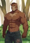  1boy abs animal_ears bara bear_boy bear_ears brown_fur bulge chest_hair clothing_cutout denim facial_hair facial_mark forest goatee green_pants highres jeans large_pectorals looking_at_viewer male_focus muscular muscular_male nature navel nipples original outdoors pants pectorals scar scar_across_eye shirtless short_hair smile solo stomach thick_thighs thigh_cutout thighs torn_clothes torn_pants zifuuuun 