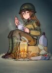  1girl ankle_boots beans boots box brown_eyes brown_hair can candy canteen cookie eating erica_(naze1940) food gaiters grass helmet highres long_hair mess_kit military military_uniform original sitting sitting_on_box soldier solo spoon steam uniform world_war_ii 