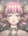  1girl animal_ears bell closed_eyes collar commentary cow_ears cow_girl cow_horns cowbell english_commentary facing_viewer highres horns medium_hair metal_collar neck_bell original parted_lips pink_hair portrait solo upper_body vins-mousseux 