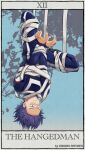  1boy absurdres bandages bangs blue_background blue_eyes blue_hair blue_pants blue_shirt boku_no_hero_academia bound bound_wrists character_name closed_mouth commentary_request english_text full_body highres long_sleeves male_focus pants roman_numeral shinsou_hitoshi shirt short_hair solo tarot tiaoliang tied_up u.a._gym_uniform upside-down white_background white_pants white_shirt 