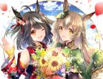  2girls ahoge animal_ears black_hair blush brown_eyes brown_hair cang_qi_lu detached_sleeves eyebrows_visible_through_hair flower frilled_sleeves frills green_jacket hair_between_eyes highres horse_ears horse_girl jacket kitasan_black_(umamusume) long_hair multicolored_hair multiple_girls one_eye_closed open_mouth orange_eyes petals satono_diamond_(umamusume) short_hair sleeves_past_fingers sleeves_past_wrists smile streaked_hair sunflower umamusume upper_body white_hair yellow_flower 