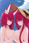  2girls absurdres animal_ears artist_name azur_lane black_choker blue_sky breast_press breasts brown_headwear chitose_(azur_lane) chiyoda_(azur_lane) choker eyebrows_visible_through_hair flower hair_flower hair_ornament hat highres kurarashi large_breasts light_blush long_hair looking_at_viewer multiple_girls nude purple_eyes purple_hair short_hair siblings sideboob sky smile sun_hat symmetrical_docking twins upper_body white_flower 