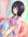  bangs bean_bag_chair black_hair blue_legwear breasts collarbone commentary curtains from_side hair_strand hourou_musuko inaba-no-kuni-tottori knees_up leggings light_smile looking_at_viewer looking_to_the_side messy_hair pink_shirt puffy_short_sleeves puffy_sleeves purple_eyes shirt short_hair short_sleeves sitting small_breasts striped striped_legwear suehiro_anna wavy_hair white_legwear 