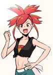  1girl crop_top flannery_(pokemon) highres long_hair looking_at_viewer midriff navel open_mouth pokemon pokemon_(game) pokemon_rse red_eyes red_hair riku_(ukir125) simple_background smile solo 