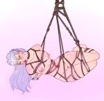  1girl bdsm blush bondage bound breasts claws clitoris evelynn_(league_of_legends) hanging highres ilwha k/da_(league_of_legends) league_of_legends lipstick makeup nipples nude pink_background rope shibari solo the_baddest_evelynn yellow_eyes 
