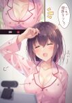  1girl arm_up bangs breasts brown_hair camera cleavage closed_eyes collarbone commentary_request food_print hair_between_eyes highres large_breasts livestream long_sleeves medium_breasts multiple_views original pajamas pink_pajamas print_pajamas school_uniform shiro_kuma_shake smile speech_bubble strawberry_print translated upper_body webcam 