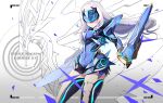  1girl absurdres armor armored_dress bangs blue_armor blue_dress blue_legwear breastplate breasts character_name covered_navel dragon dress fairy_knight_lancelot_(fate) fate/grand_order fate_(series) faulds highres long_hair mask pauldrons short_dress shoulder_armor sidelocks small_breasts solo thighs weapon white_hair yuniyuni 