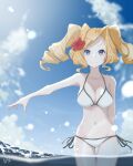  1girl bikini blonde_hair blue_eyes blue_sky breasts cloud cowboy_shot day drill_hair halterneck honolulu_(kancolle) kantai_collection large_breasts long_hair navel neve official_alternate_costume outdoors partially_submerged side-tie_bikini sky solo standing string_bikini swimsuit twin_drills twintails white_bikini 