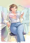 arm_support bra breasts brown_eyes brown_hair carina_(xiaowoo) chair cleavage computer cup curvy earrings glasses high-waist_pants jewelry labcoat large_breasts lingerie office_chair open_clothes open_shirt original pants shirt short_hair sitting solo teacup unbuttoned underwear 