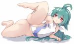  antenna_hair aqua_hair bangs bare_shoulders barefoot blush breasts cameltoe collarbone covered_collarbone covered_navel eyebrows_visible_through_hair female full_body hair_between_eyes hair_ribbon half-closed_eyes karukan_(monjya) leg_lift leotard long_hair looking_at_viewer lying on_side open_mouth red_eyes ribbon shinrabanshou shiny shiny_hair shizuku_(shinrabanshou) simple_background small_breasts solo spread_legs white_leotard white_ribbon 