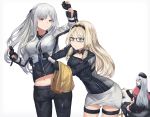  3girls ak-12_(girls_frontline) ak12_(girls_frontline) an-94_(girls_frontline) an94_(girls_frontline) anthropomorphism beret black-framed_eyewear black_footwear black_gloves black_hat black_jacket black_legwear black_pants blonde_hair blue_eyes boots breasts closed_mouth fingernails fringe_trim girls_frontline glasses gloves green_eyes grey_background grey_eyes hat highres hk416_(girls_frontline) jacket leaning_forward long_hair medium_breasts midriff mosta_(lo1777789) multiple_girls navel pants partly_fingerless_gloves plaid plaid_skirt pleated_skirt purple_skirt silver_hair simple_background sitting skirt smile standing thighhighs very_long_hair white_skirt 