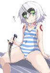  bangs bare_shoulders blue_eyes blue_swimsuit breasts collarbone covered_navel dagger eyebrows_visible_through_hair facial_scar fate/apocrypha fate/grand_order fate_(series) female green_eyes hand_up holding holding_dagger holding_weapon horizontal_stripes jack_the_ripper_(fate/apocrypha) japanese_text karukan_(monjya) knife looking_at_viewer one-piece_swimsuit open_mouth scar scar_across_eye scar_on_cheek short_hair shoulder_tattoo simple_background sitting small_breasts solo spread_legs striped striped_swimsuit swimsuit tattoo translated translation_request weapon white_background white_hair 