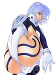  adapted_costume alternate_breast_size ass ayanami_rei bangs blue_hair boots breast_press breasts breasts_outside cameltoe from_below full_body gloves hair_ornament highleg highleg_leotard large_breasts leotard looking_at_viewer looking_back neon_genesis_evangelion number parted_lips pilot_suit plugsuit profile protonsaurus red_eyes short_hair sideboob solo squatting thighhighs white_footwear white_legwear 
