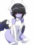  bangs bare_shoulders black_hair black_sclera blush breasts china_dress chinese_clothes demon_girl demon_wings dress eyebrows_visible_through_hair female hair_between_eyes horns karukan_(monjya) light_blush looking_at_viewer open_mouth pointy_ears purple_skin red_eyes seizaverus shinrabanshou shiny shiny_hair shiny_skin short_hair side_slit simple_background sleeveless sleeveless_dress small_breasts solo v_arms white_background white_dress white_legwear wings 