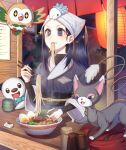  1girl akari_(pokemon) black_hair black_undershirt bowl chopsticks commentary_request drooling eating eyelashes food gen_4_pokemon gen_5_pokemon gen_7_pokemon gen_8_pokemon glameow head_scarf highres holding holding_chopsticks hungry jacket long_hair mouth_hold noodles on_head oshawott pokemon pokemon_(creature) pokemon_(game) pokemon_legends:_arceus pokemon_on_head ramen rowlet sash sidelocks slurping snom soup sparkle sparkling_eyes sueon00 undershirt white_headwear 