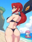  2girls absurdres alternate_hairstyle ass beach bikini black_bikini breasts chibi chibi_inset from_behind highres innertube krieg_(skullgirls) large_breasts low_ponytail multiple_girls o-ring o-ring_top ocean painting_fish parasoul_(skullgirls) red_hair siblings side-tie_bikini sisters skullgirls solo_focus swimsuit thighs umbrella_(skullgirls) yellow_eyes 