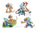  black_eyes closed_eyes closed_mouth commentary dewott do9bessa english_commentary fang furry gen_4_pokemon gen_5_pokemon green_bag infernape monferno open_mouth oshawott pokemon pokemon_(creature) sitting smile split_mouth standing toes tongue 