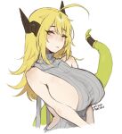  1girl :t ahoge blonde_hair blush breasts closed_mouth green_eyes grey_sweater horns huge_breasts lamia looking_at_viewer meme_attire monster_girl original pout ribbed_sweater sleeveless sleeveless_sweater snek_(terupancake) solo sweater terupancake twitter_username v_arms virgin_killer_sweater 