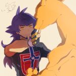  1boy bangs champion_uniform charizard dark-skinned_male dark_skin dynamax_band facial_hair gen_1_pokemon gloves highres leon_(pokemon) long_hair male_focus mobuchin parted_lips partially_fingerless_gloves pokemon pokemon_(creature) pokemon_(game) pokemon_swsh purple_hair shield_print shirt short_sleeves sword_print yellow_eyes 