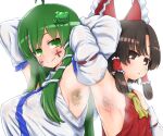  2girls :3 absurdres ahoge armpit_hair armpits arms_up bangs benikurage_(cookie) bow breasts brown_eyes brown_hair closed_mouth colored_armpit_hair commentary_request cookie_(touhou) covered_nipples cross detached_sleeves facepaint frilled_bow frilled_hair_tubes frills frog_hair_ornament green_eyes green_hair hair_bow hair_ornament hair_tubes hakurei_reimu highres kochiya_sanae large_breasts locked_arms long_hair looking_at_another looking_to_the_side medium_hair multiple_girls necktie otemoto_(baaaaloooo) parted_bangs paseri_(cookie) presenting_armpit red_bow red_shirt ribbon-trimmed_sleeves ribbon_trim shirt simple_background sleeveless sleeveless_shirt small_breasts smile snake_hair_ornament sweat sweaty_clothes touhou upper_body v white_background white_shirt white_sleeves yellow_neckwear 