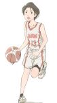  1girl bare_shoulders basketball basketball_uniform bike_shorts bike_shorts_under_shorts black_eyes black_hairband blush breasts collarbone commentary dribbling hairband highres jersey monodevil motion_lines open_mouth original running shoes short_hair shorts simple_background small_breasts sneakers sportswear tank_top very_short_hair white_background white_footwear white_shorts white_tank_top 